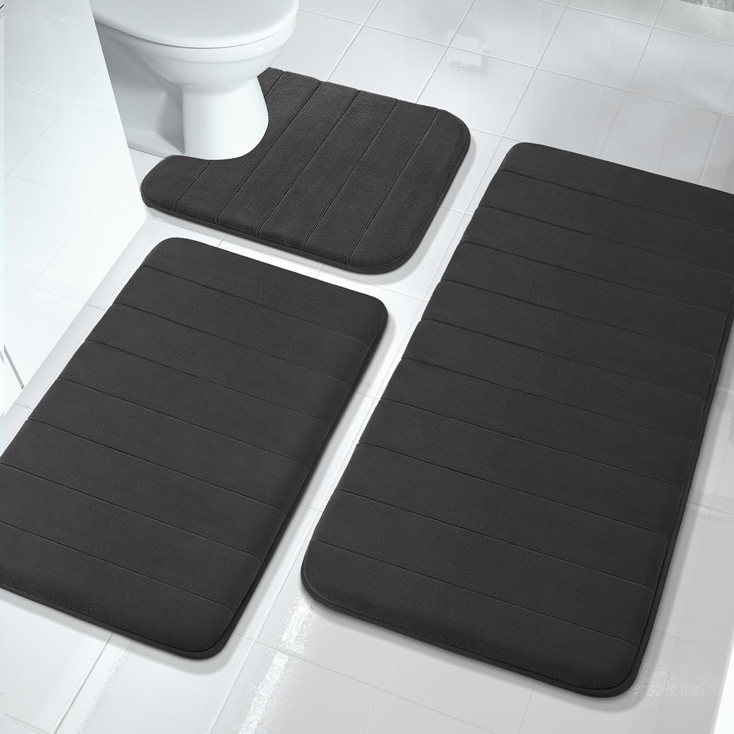 3 Pieces Memory Foam Bath Mat Set with U-Shaped Toilet Rug - Non Slip Super Soft Absorbent Quick Dry Bathroom Rugs for Bathtub, Vanity & Toilet Base, Beige