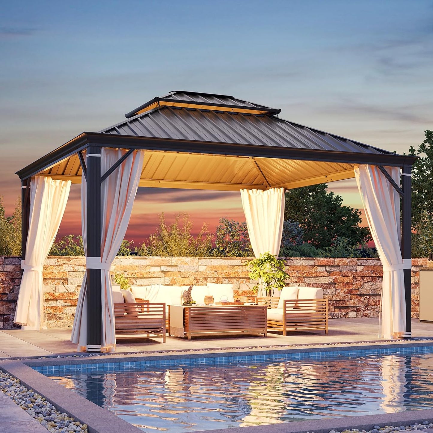10' X 12' Hardtop Gazebo, Metal Gazebo with Aluminum Frame, Double Galvanized Steel Roof, Curtains and Netting Included, Pergolas for Patios, Garden, Parties, Lawns