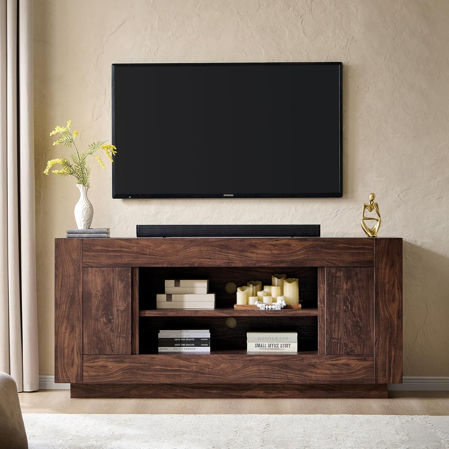 Modern 70" TV Stand, Entertainment Center for Tvs up to 80", Media Console with Large Open Storage & Side Cabinets, Thick Wood Design for Living Room, Light Knotty Oak