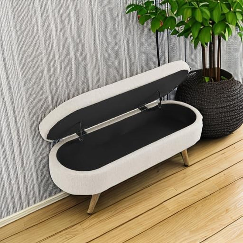 Oval Storage Bench 43.5" Linen Fabric Upholstered Entryway Bench with Solid Wood Legs Ottoman Bench Indoor Bench for Living Room/Bedroom/End of Bed/Entryway (Beige)