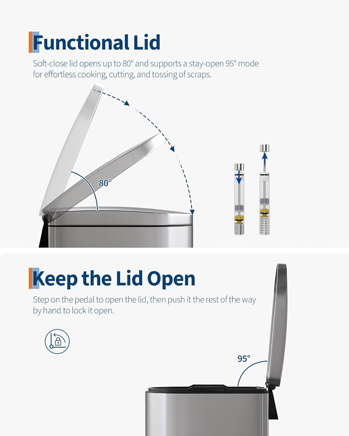 2.6 Gallon / 10 L Stainless Steel Bathroom Trash Can with Lid, Slim Waterproof Garbage Can for Bedroom, Small Step-On Metal Trash Bin with Inner Bucket, Rear Handle, Soft Close Lid, Silver