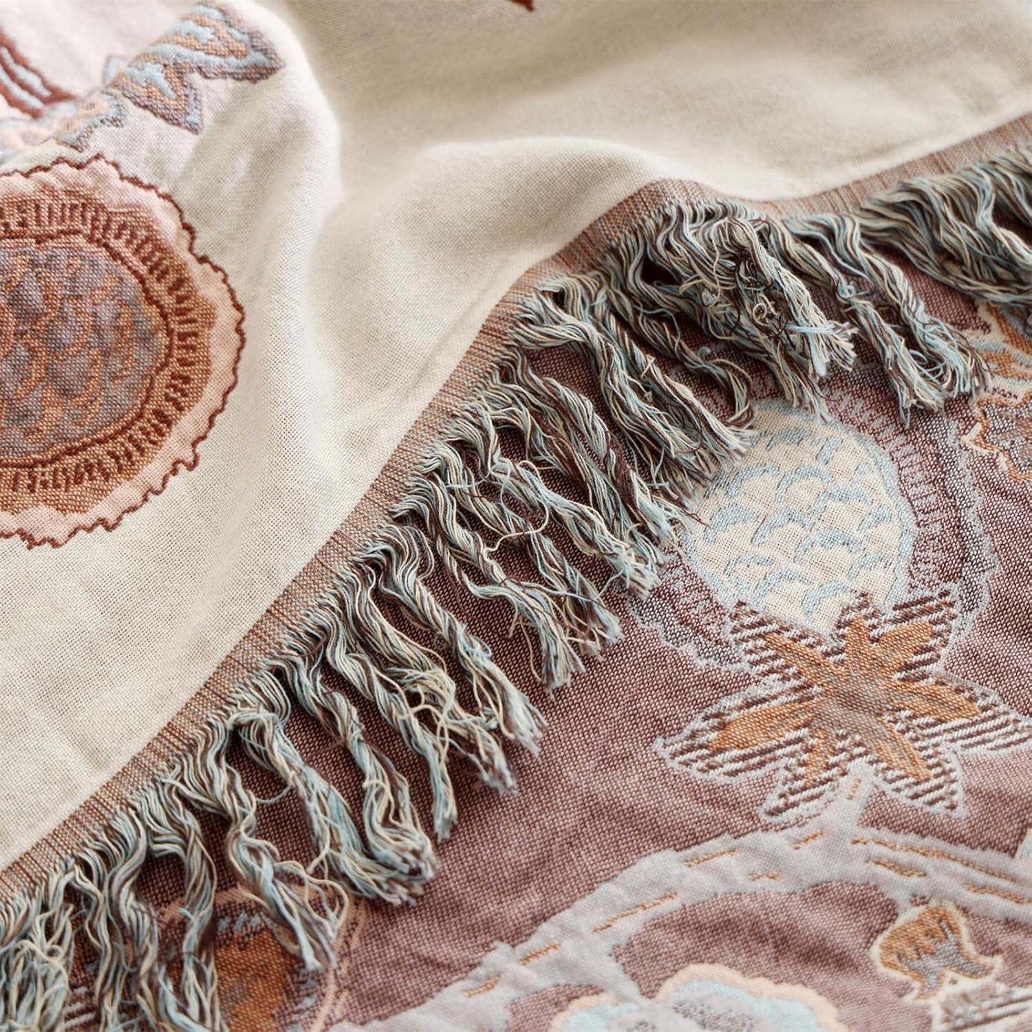 Boho Throw Blanket, 100% Cotton Ultra Soft Luxury Throw Rustic Quilt, Muslin Breathable Soft Bed Throw ，All Throw for Sofa Couch Chair 60×80 Inch (Purple Flower Branch, 60X80 Inch)