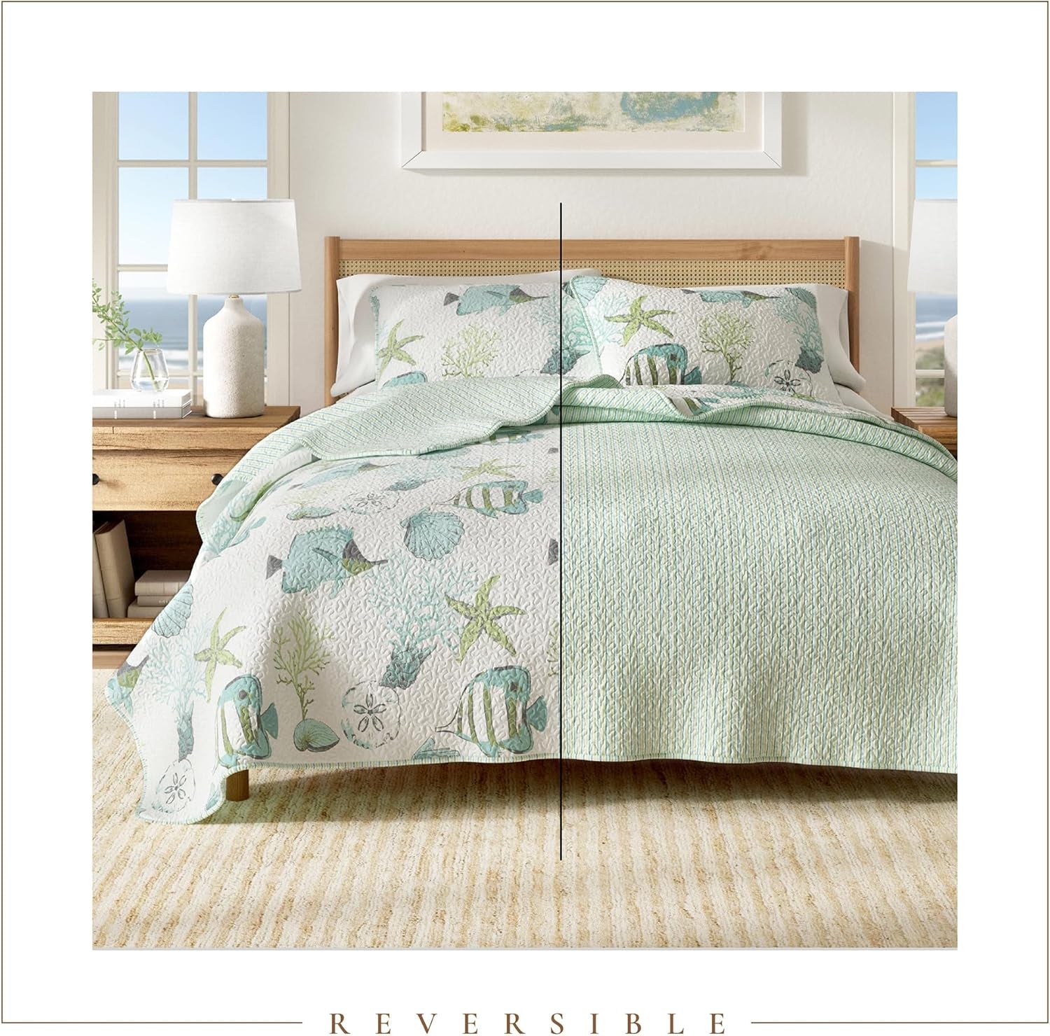 Twin/Twin XL Coastal Bedding Set, Summer Coastal Quilt with Sham, Beach 2-Piece Reversible All Season Bedspread Quilt Set. Lightweight Nautical Quilted Coverlet. Blue Fish