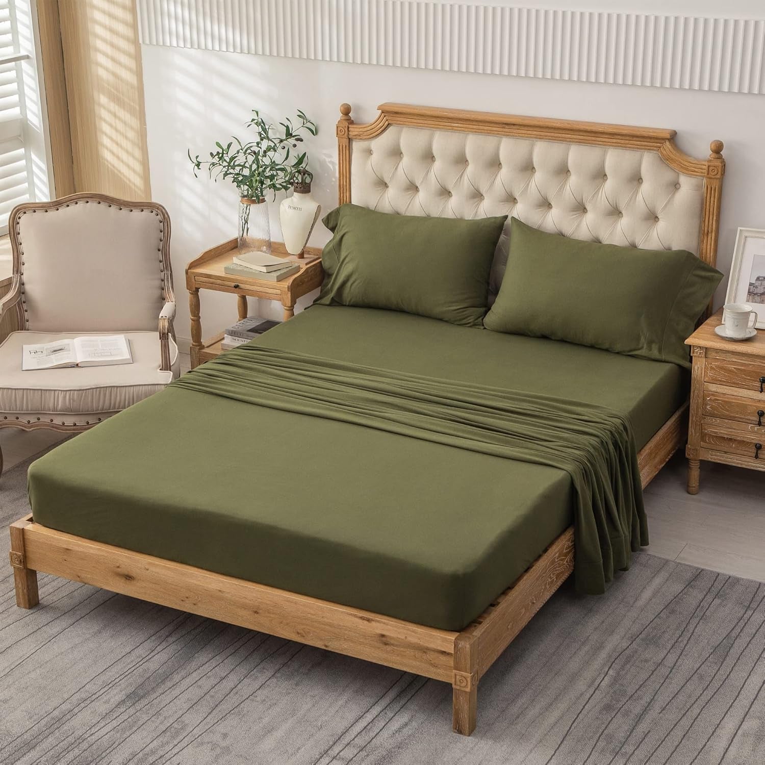Jersey Knit 4Pc Bed Sheet Set 100% T-Shirt Heather Cotton Super Soft Comfy Breathable Fits Mattress up to 20" Extra Deep Pocket(Olive Green, King)
