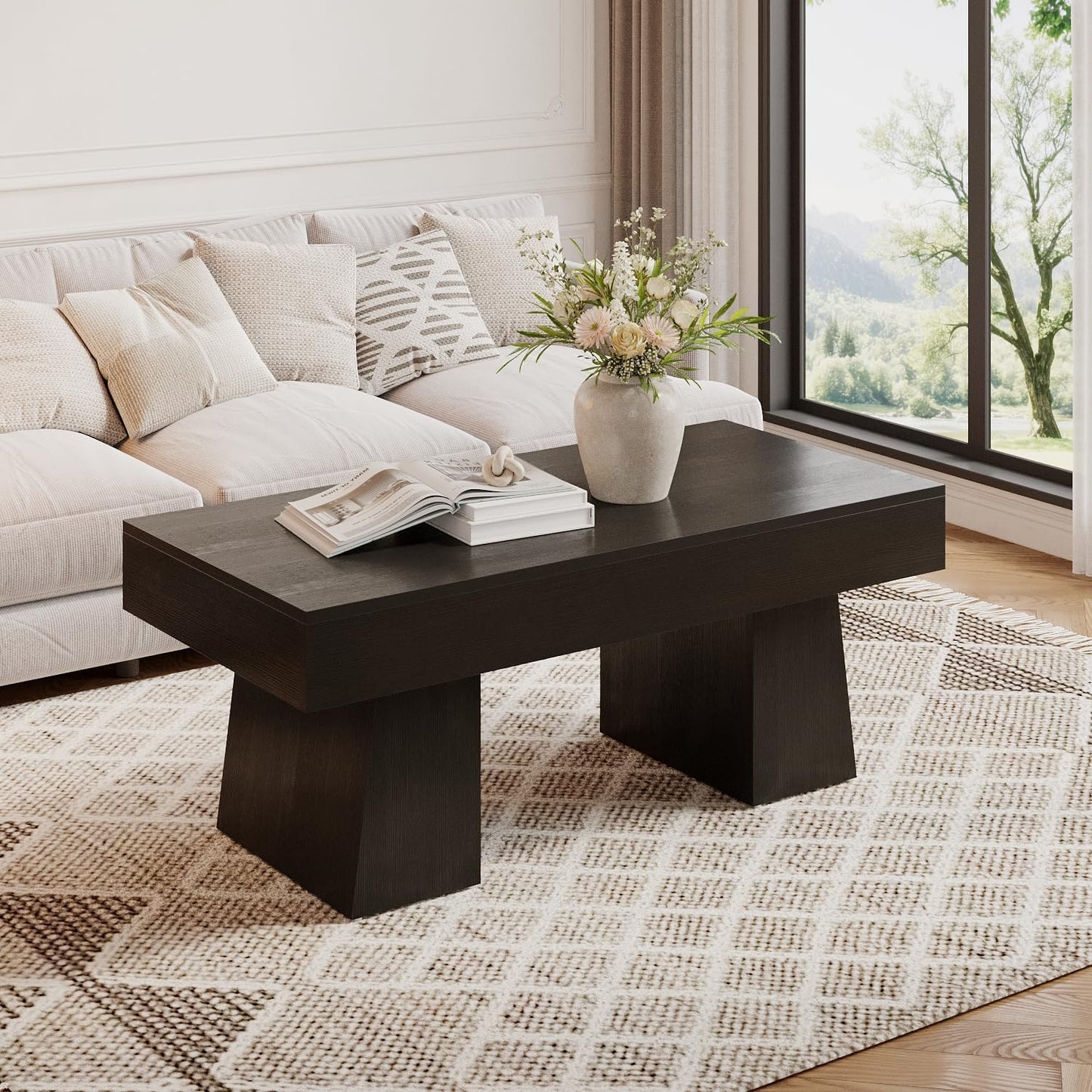 Farmhouse Coffee Table, 47 Inches Wooden Rectangular Accent Center Tables with Thick Base, Modern Low Cocktail Tea Furniture for Living Room (Rustic Brown)