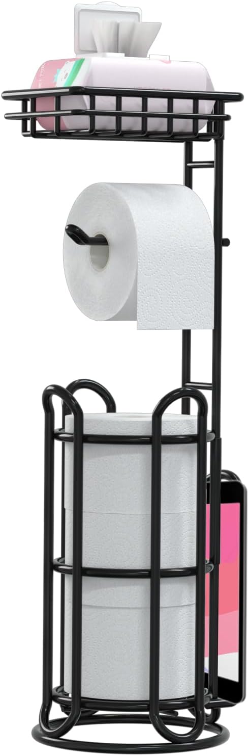 Toilet Paper Holder Stand Bathroom Tissue Dispenser Holders Rack Free Standing with Extra Shelf Storage Mega Rolls/Phone/Wipe - Silver