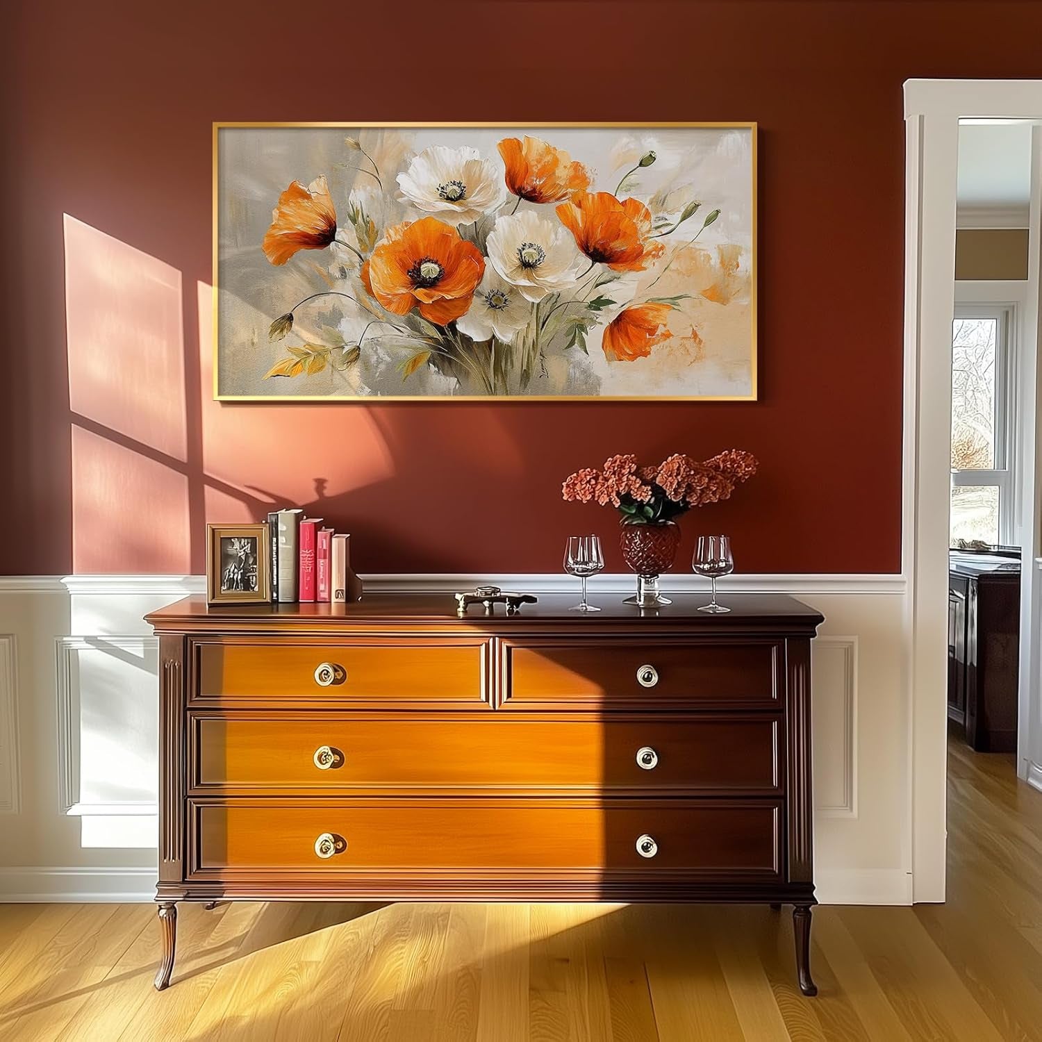 Extra Large Framed Floral Wall Art for Living Room, Colorful Bright Orange and White Flowers Canvas Artwork for Walls, Contemporary Blossom Watercolor Painting Picture Prints for Bedrooom Hallway 30X60 Inch