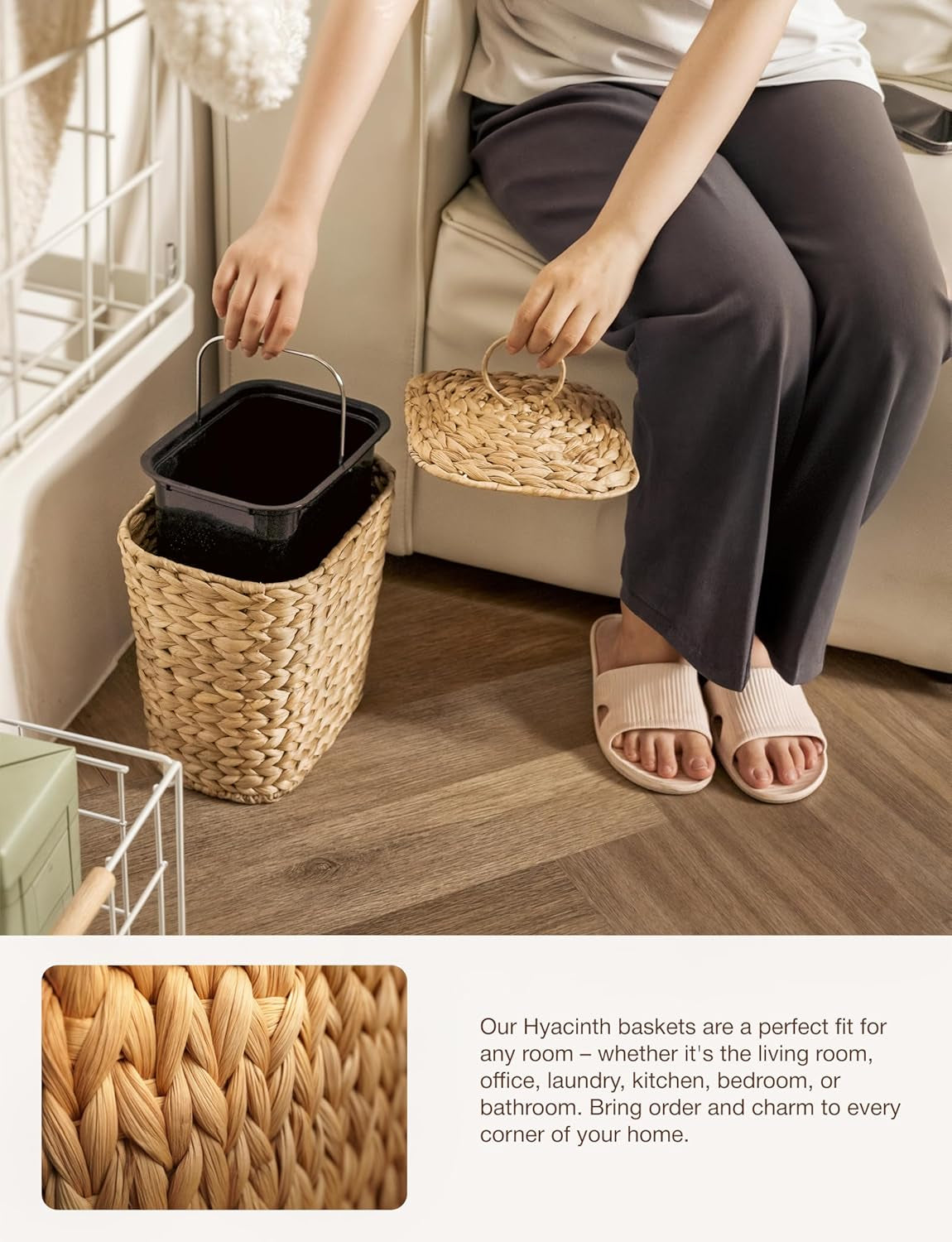 2 Gallons Wicker Waste Basket with Lid - Large Wicker Trash Can for Office - Waste Basket for Bedroom, Bathroom, Kitchen, Living Room - Boho Handwoven Trash Cans for Garbage (2 Gallons)