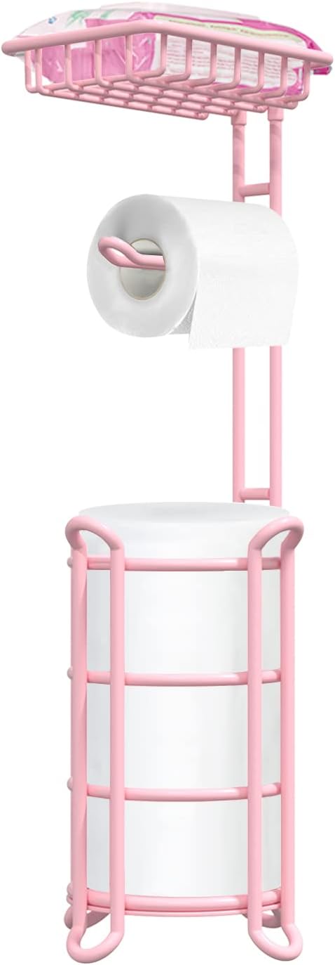 Toilet Paper Holder Stand Bathroom Tissue Dispenser Holders Rack Free Standing with Extra Shelf Storage Mega Rolls/Phone/Wipe - Silver