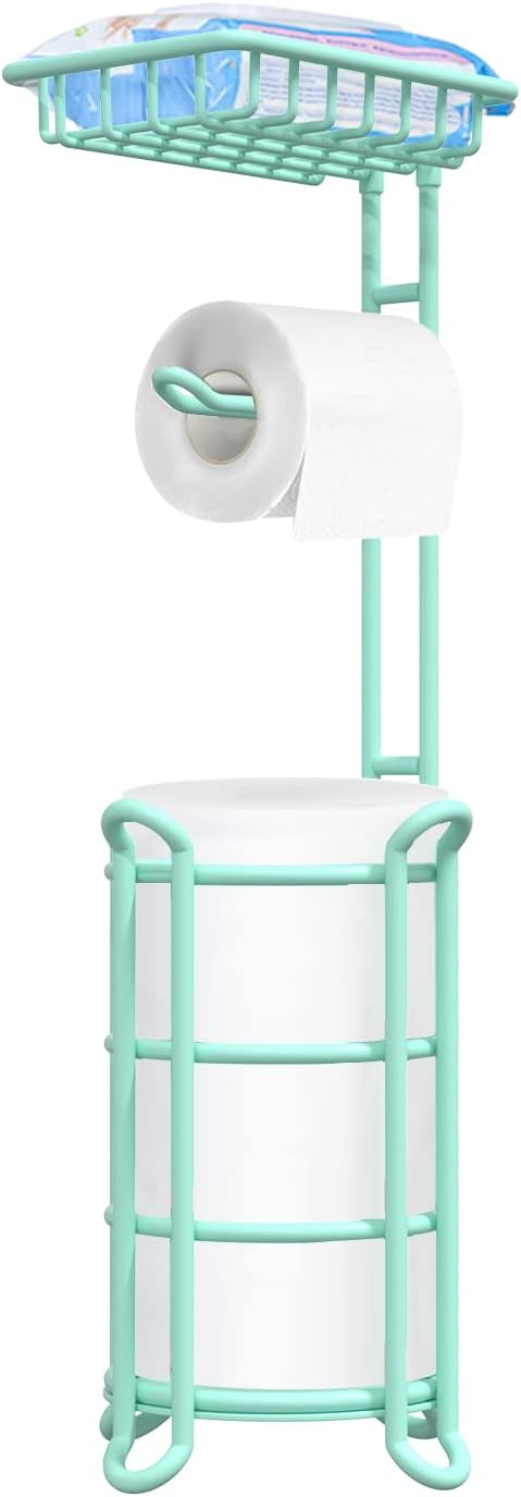 Toilet Paper Holder Stand Bathroom Tissue Dispenser Holders Rack Free Standing with Extra Shelf Storage Mega Rolls/Phone/Wipe - Silver