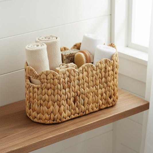 Toilet Paper Storage Basket,Scalloped Wicker Basket for Bathroom Organizers and Storage,Hand-Woven Rattan Bathroom Decor Accessories,Natural Water Hyacinth