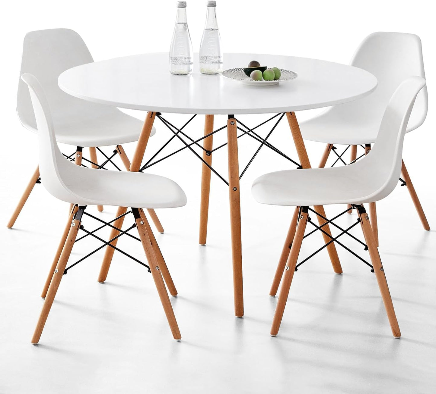 5-Piece round Dining Table Set, Small 31.5" Kitchen Table Chairs Set of 4 Space Saving Furniture, Plastic Seats, Solid Wood Legs, for Living Room Apartment Office Home, Green