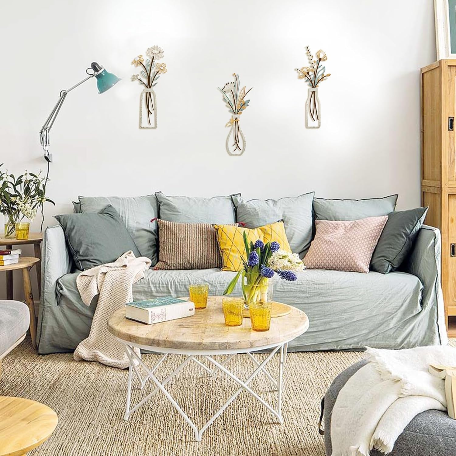 3 Pieces Metal Flowers Wall Arts - Rustic Farmhouse Decor Beige Minimalist Flower Wall Decors for Living Room Bathroom Bedroom Dining Room-Housewarming Gifts (Beige, Vase-C)