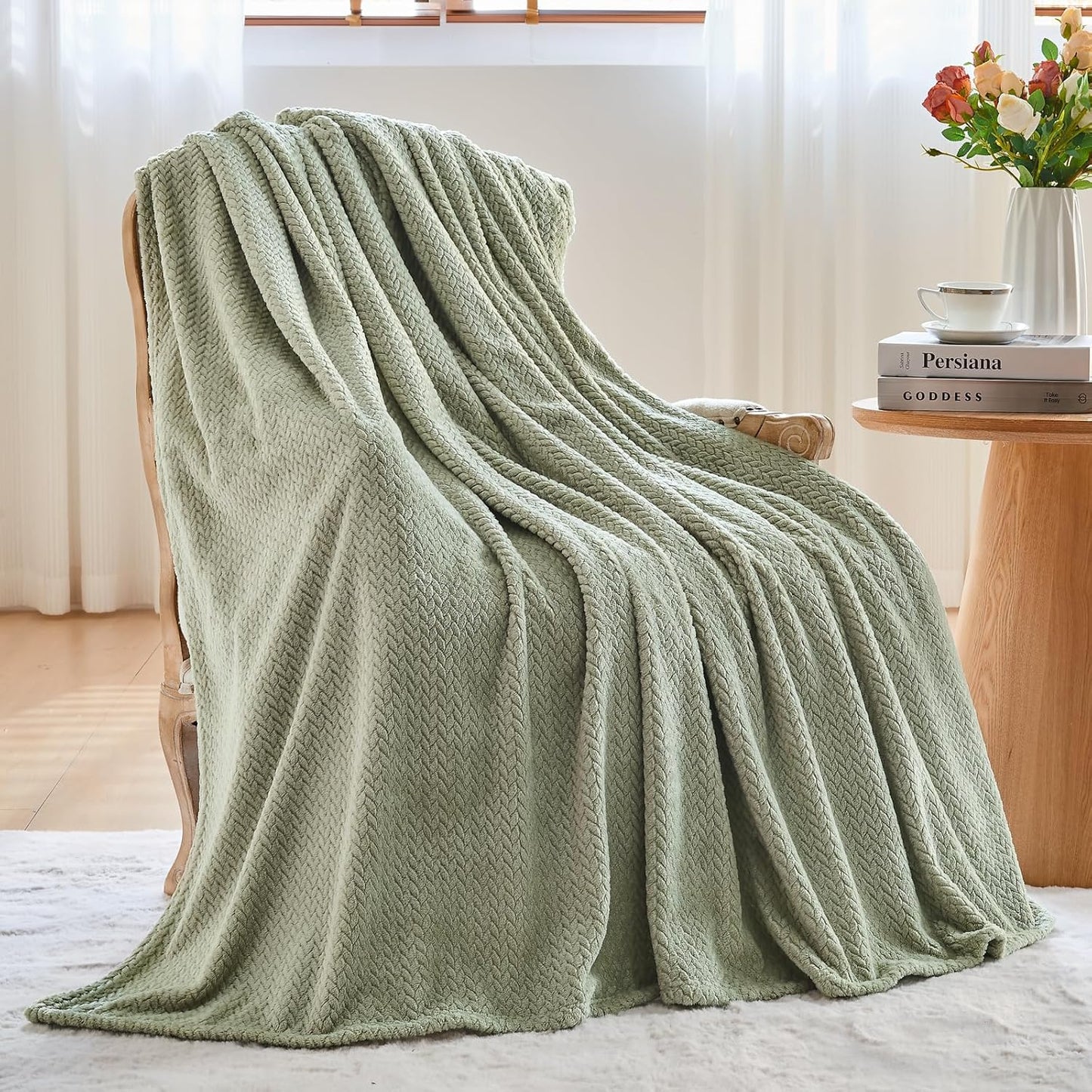 Super Soft Throw Blanket Sage Green Premium Silky Flannel Fleece Leaves Pattern Lightweight Bed Blanket All Season Use (Sage Green, Throw(50"X60"))