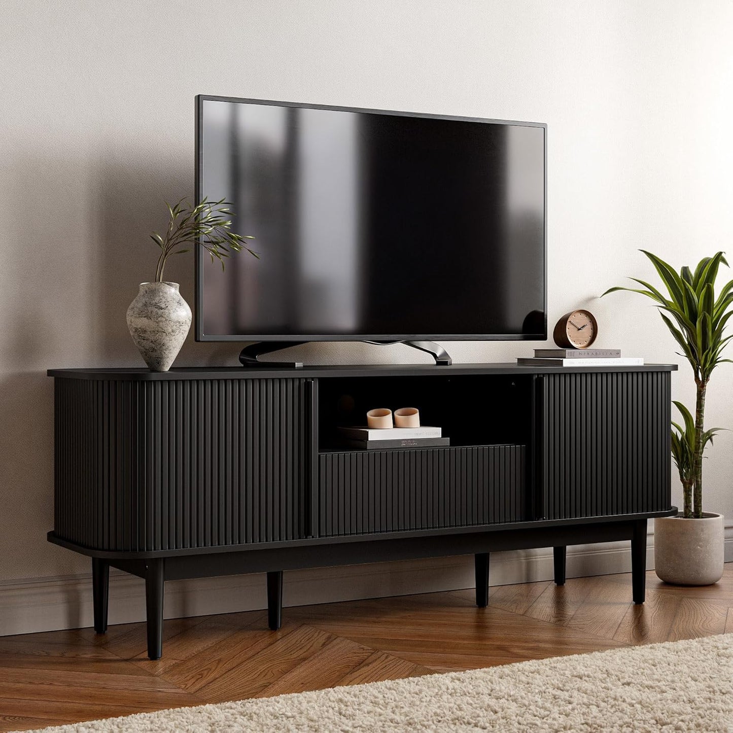 Modern TV Stand for 45/55/70 Inch TV, Entertainment Center with Sliding Doors and Storage, Wood TV Stand for Bedroom, Living Room, Natural