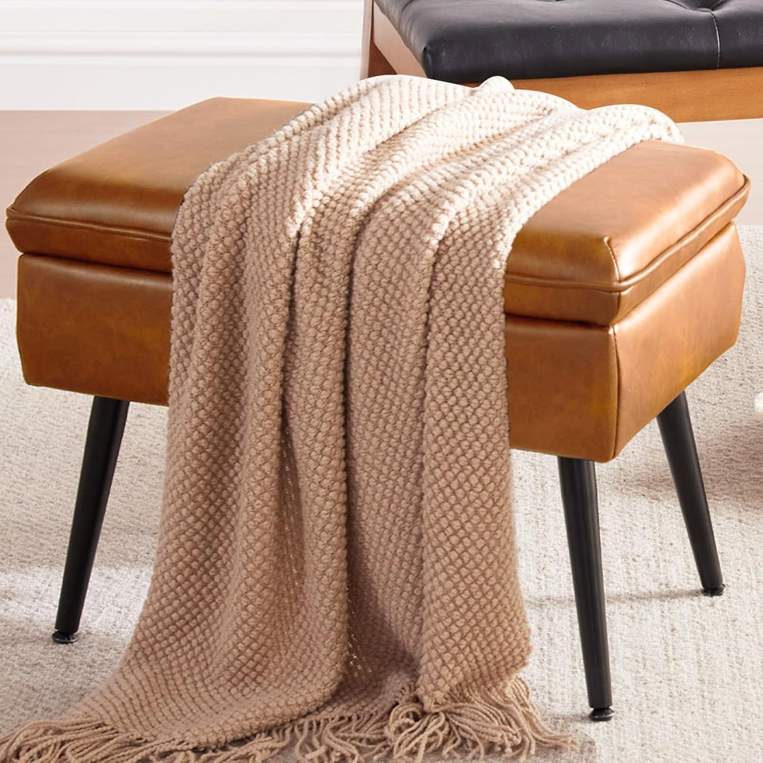 Storage Ottoman Upholstered Stool with Padded Seat, Tufted Vanity Stool with Metal Legs, Accent Stool, Faux Leather, Cognac Brown