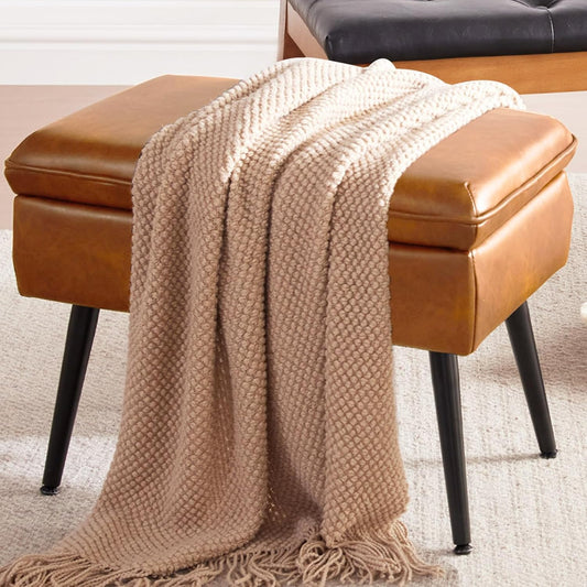Storage Ottoman Upholstered Stool with Padded Seat, Tufted Vanity Stool with Metal Legs, Accent Stool, Faux Leather, Cognac Brown