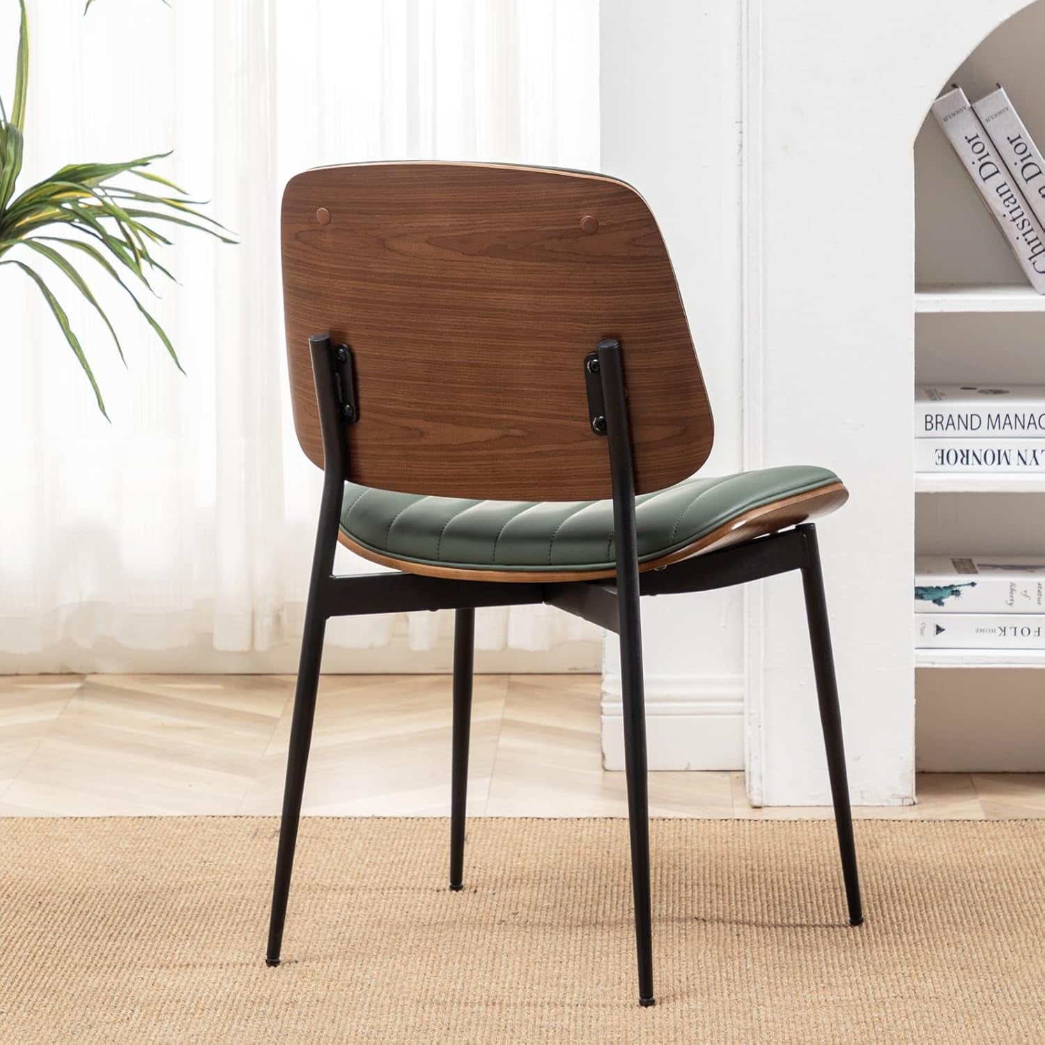 Dining Chairs Set of 2 Mid Century Modern Retro Faux Leather Chair with Walnut Bentwood Upholstered Seat Metal Legs Chairs,Adjustable Foot for Kitchen Dining Room Chairs(Green)