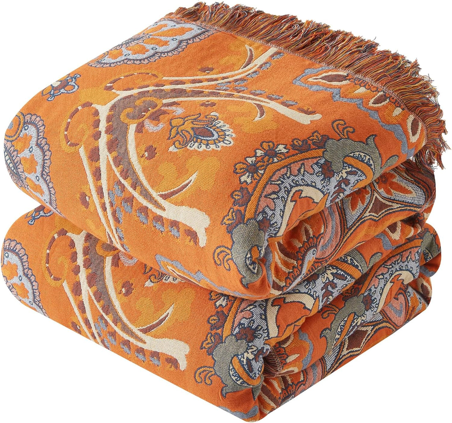 Boho Throw Blanket for Couch Sofa Bed, 100% Cotton Woven Quilt with Tassel 60”X80”, Super Soft Muslin Blanket with Floral Printed, Decorative Reversible Bed Blanket/Cover for All Seasons