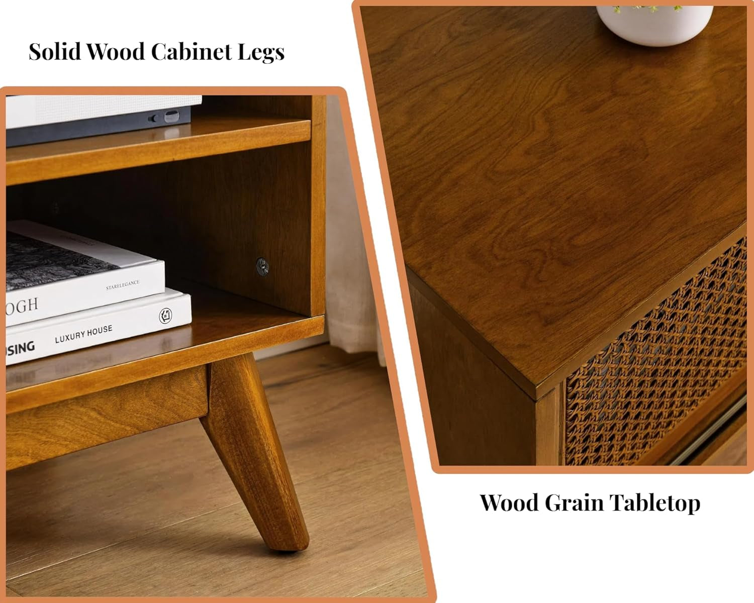 59 Inch Mid Century Modern TV Stand with Rattan Doors, Entertainment Center Media Console for 55/60/65 Inch TV, Boho/Mcm Television Stand for Living Room/Bedroom, Light Wood