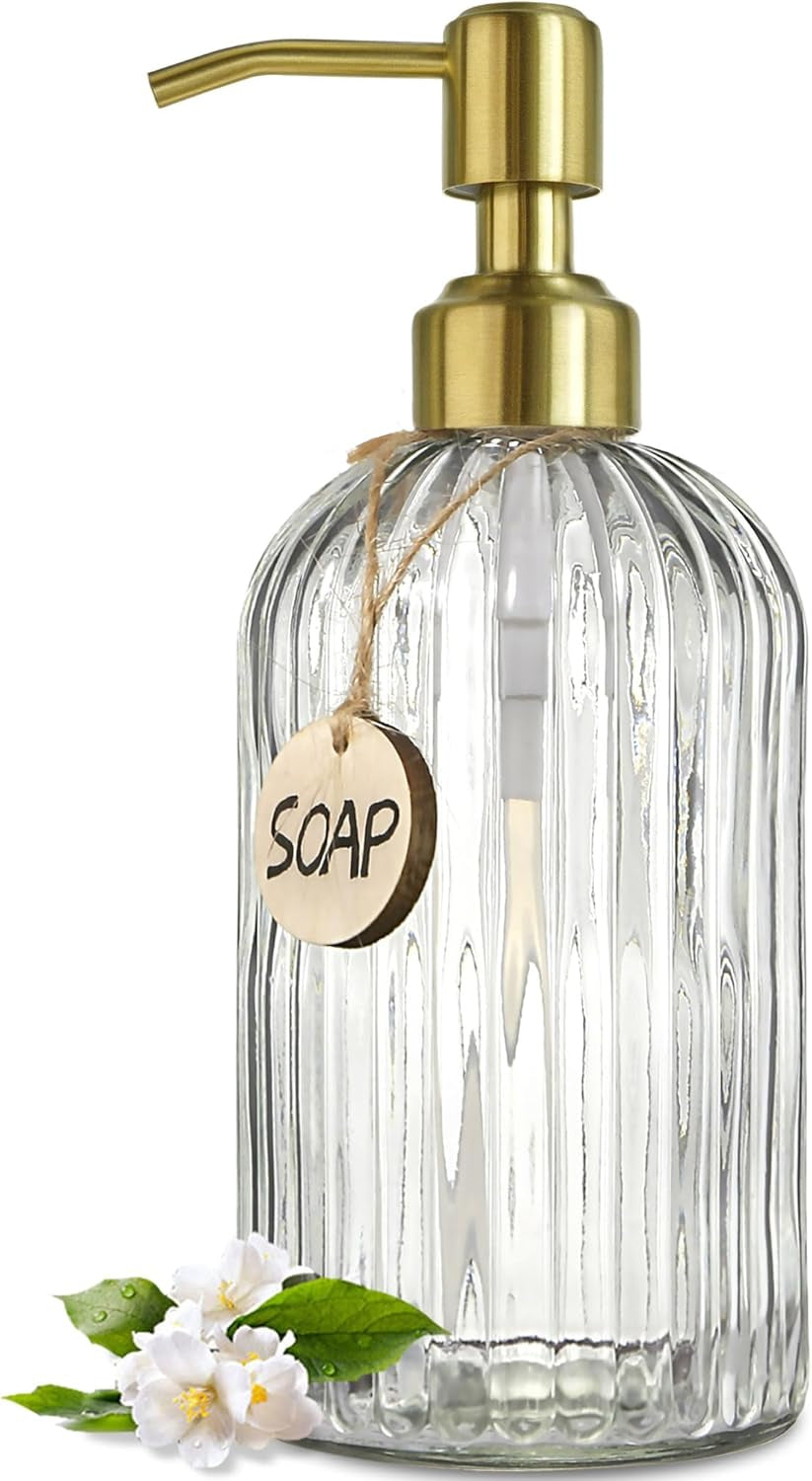 18 Oz Clear Glass Soap Dispenser with Rust Proof Stainless Steel Pump, Refillable Liquid Hand Soap Dispenser for Bathroom, Premium Kitchen Soap Dispenser (Clear).