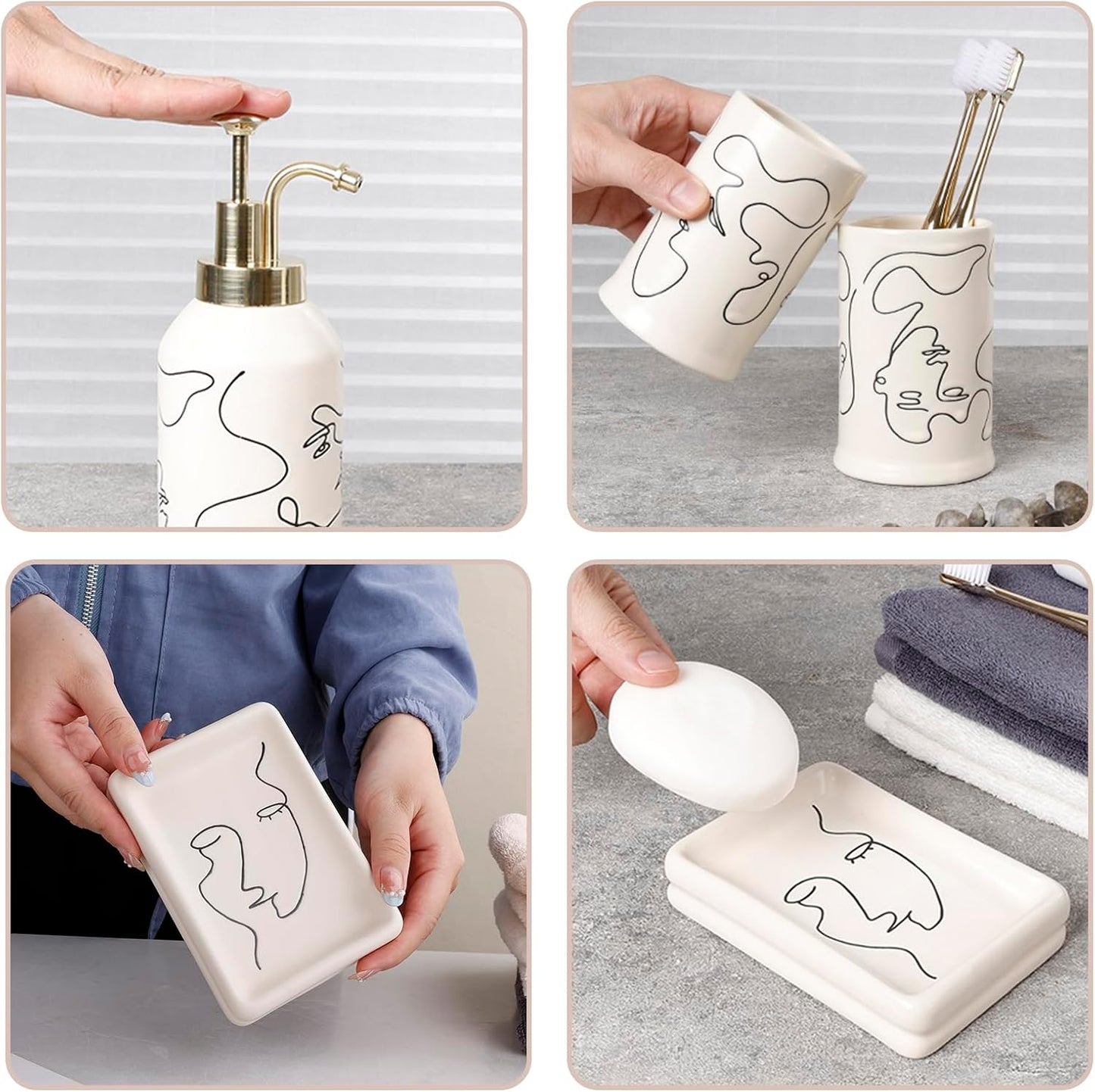4 Piece Ceramic Bathroom Accessory Set, Artistic Line Face Bathroom Sets Accessories with Soap Dispenser, Toothbrush Holder, Tumbler, Soap Dish, Abstract Bathroom Set for Decor, off White