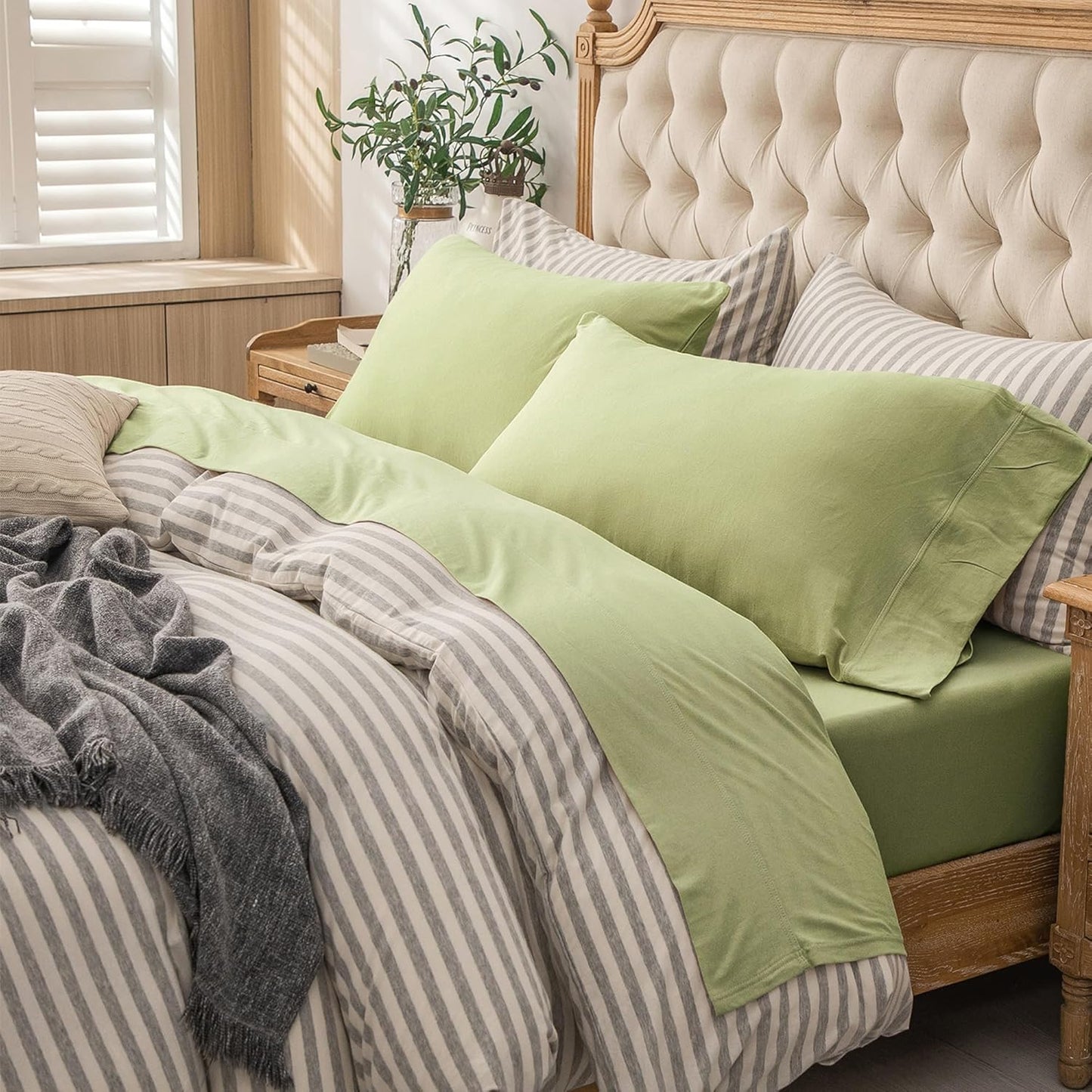 Jersey Knit 4Pc Bed Sheet Set 100% T-Shirt Heather Cotton Super Soft Comfy Breathable Fits Mattress up to 20" Extra Deep Pocket(Olive Green, King)
