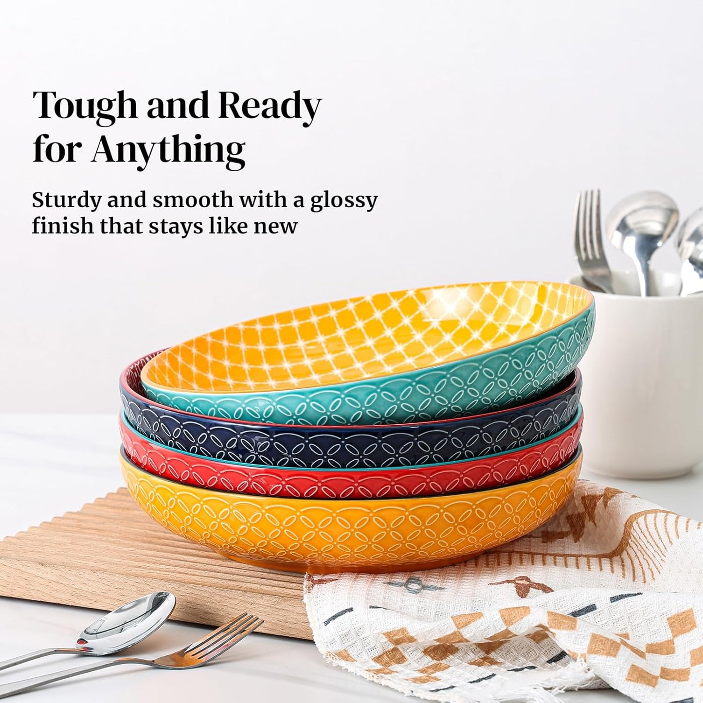 10" Vibrant Pasta, Salad & Soup Serving Bowls Set of 4, Embossed Large Porcelain Ceramic, Microwave & Dishwasher Safe, Bonita Design Dinnerware Dishes for Daily Dining, Family Gatherings, Party