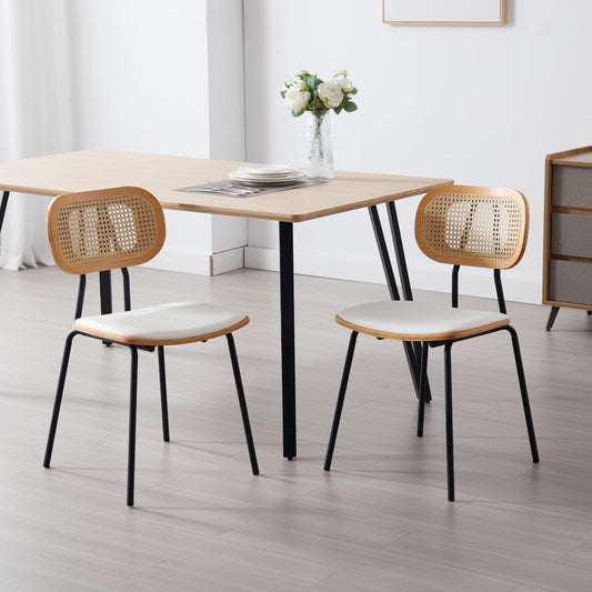 Dining Chairs Set of 2, Upholstered Faux Leather Rattan Dining Chairs with Backrest and Metal Legs, Armless Kitchen Rattan Chairs for Dining Room, White