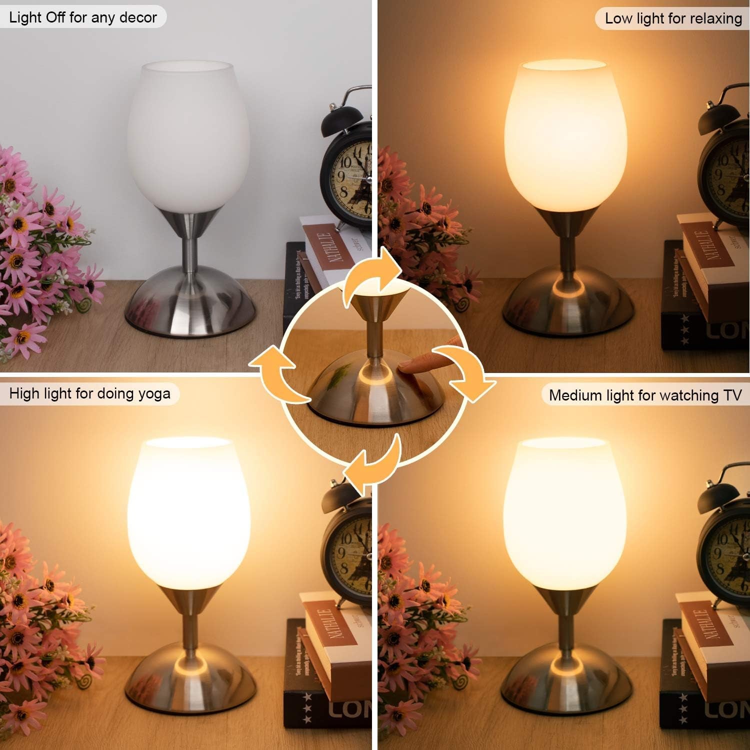 Small Touch Lamp for Bedroom Nightstand, 3-Way Dimmable Bedside Lamps Opal Glass Desk Lamp Silver Base, Tiny Table Lamp for Small Spaces Ambient Lighting for Living Room, E12 Bulb Included