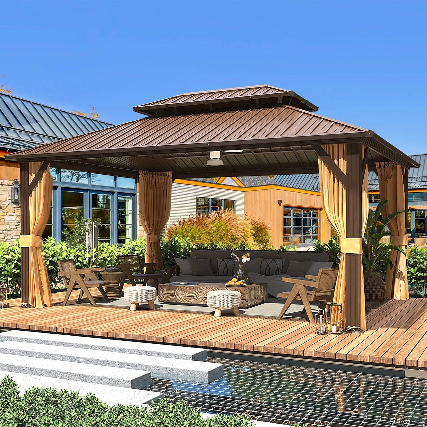 10' X 12' Hardtop Gazebo, Metal Gazebo with Aluminum Frame, Double Galvanized Steel Roof, Curtains and Netting Included, Pergolas for Patios, Garden, Parties, Lawns