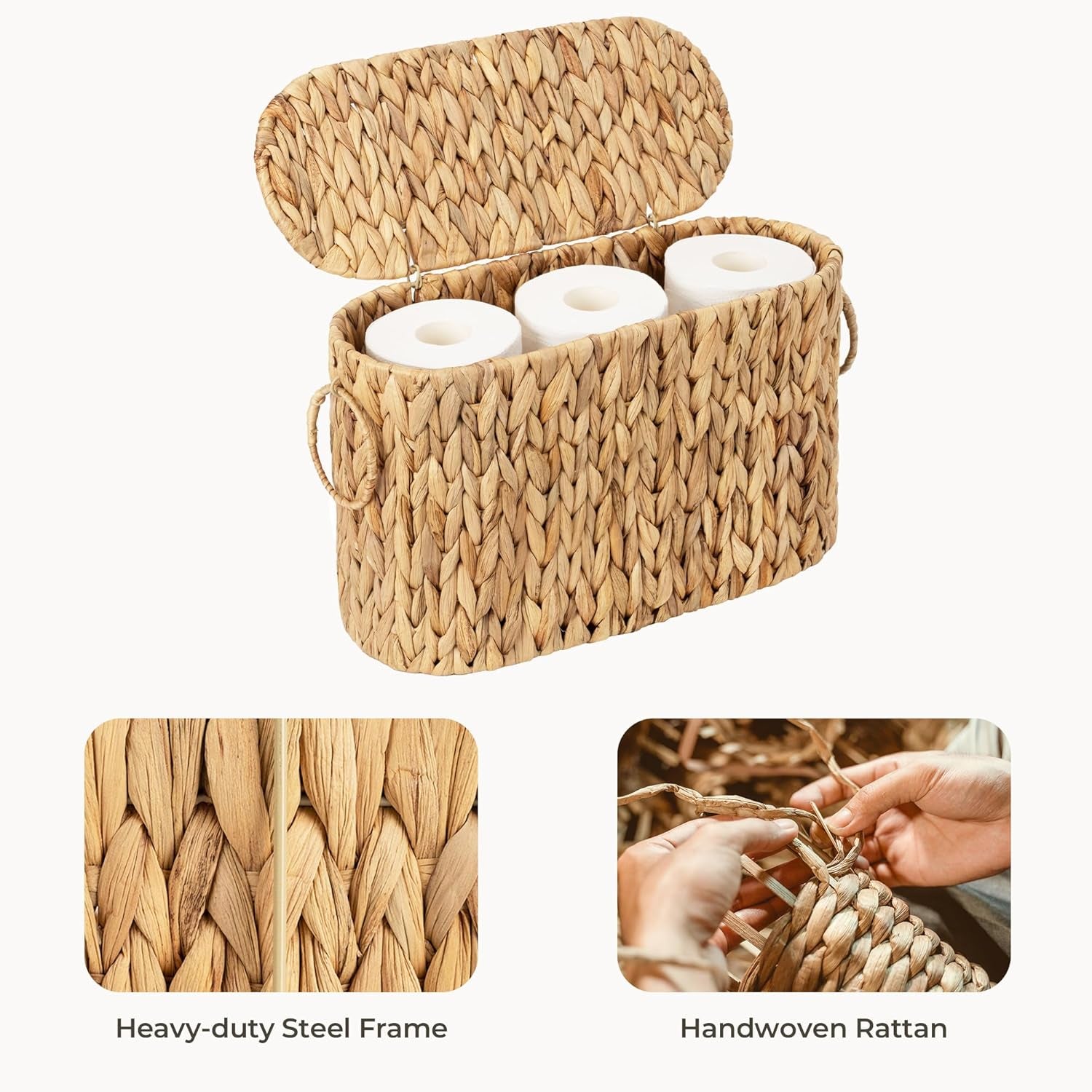 Toilet Paper Storage with Lid, Toilet Paper Storage Holder for 6 Regular Rolls, Wicker Basket for Bathroom, Natural Water Hyacinth