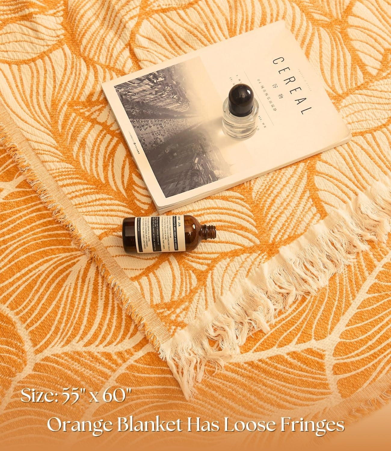 Boho Throw Blanket for Couch, Chenille Cotton Lightweight Summer Throw Blanket for Bed Sofa Chair Living Room Outdoor Soft Woven Decorative Blanket with Tassel Gift Orange Leaves 55"X60"