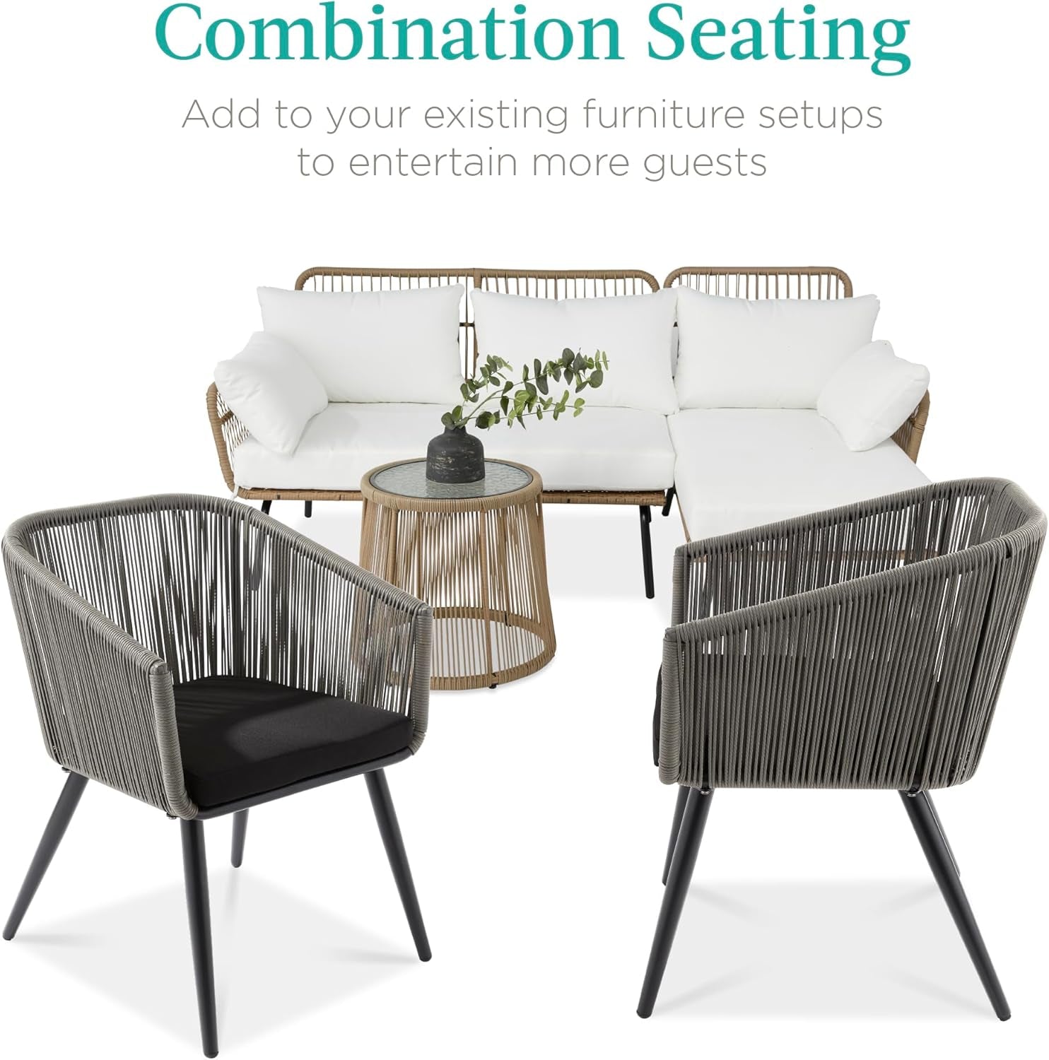 Set of 2 Patio Dining Chairs, Outdoor Seating Set for Backyard, Poolside, Balcony, Indoor Use W/Woven Wicker Design, 250Lb Weight Capacity - Gray/Black