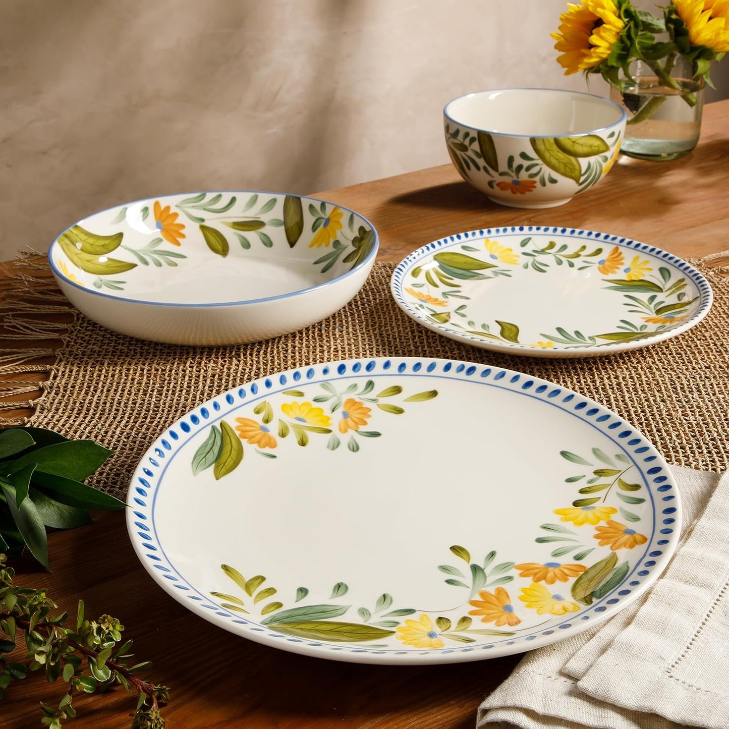 Oprah'S Favorite Things - Posy Blossom Double Bowl Hand Painted Stoneware Plates and Bowls Floral Dinnerware Set, Service for Four (16Pcs)