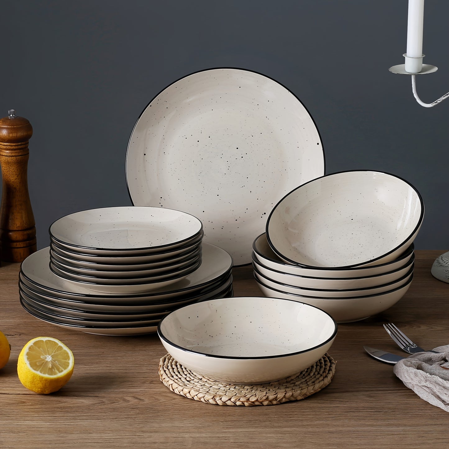 18-Piece Stoneware Dinnerware Set – Modern Round Plates &amp; Bowls