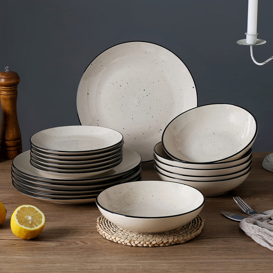 18-Piece Stoneware Dinnerware Set – Modern Round Plates &amp; Bowls