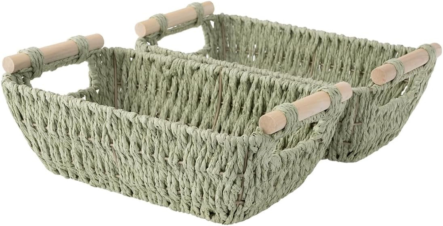 Hand-Woven Large Storage Baskets with Wooden Handles, Water Hyacinth Wicker Baskets for Organizing, 2-Pack