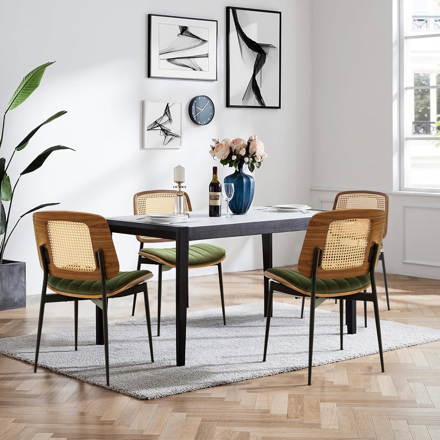 Dining Chairs Set of 2 Mid Century Modern Retro Faux Leather Chair with Walnut Bentwood Upholstered Seat Metal Legs Chairs,Adjustable Foot for Kitchen Dining Room Chairs(Green)