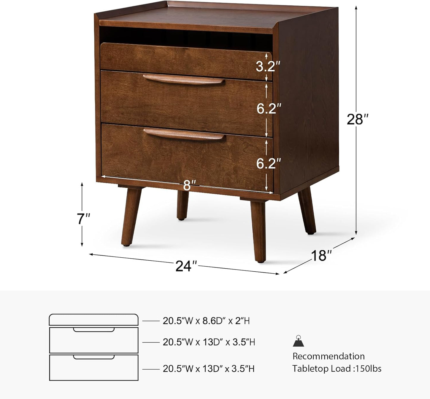 2 Drawer Nightstand with Charging Station, Mid-Century Modern Bedside Tables with Wood Legs, Wood Night Stand with Pull-Out Shelf, Walnut