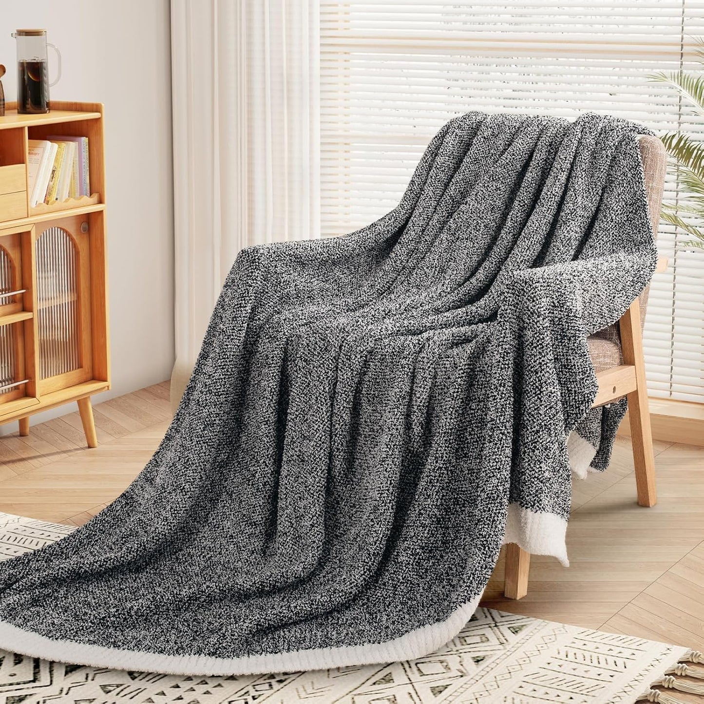 Soft Throw Blankets for Couch, Reversible Warm Blankets Cozy Knit Blanket for Women, Fuzzy Plush Lightweight Throws for Sofa, Bed, Picnic, Black 50 X 60 Inches
