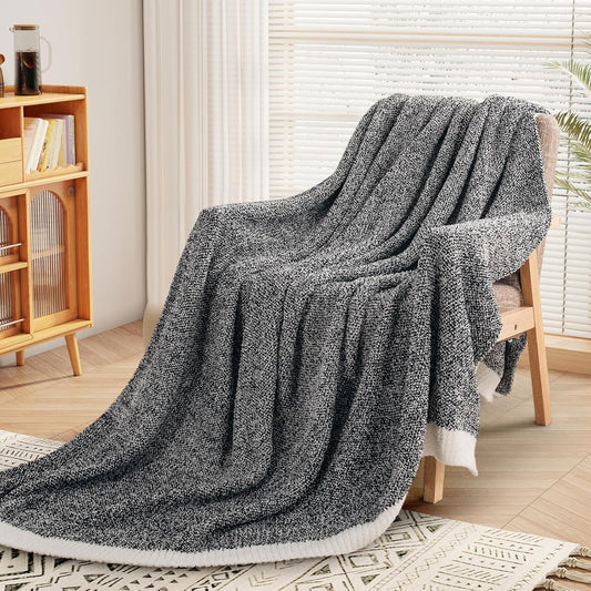 Soft Throw Blankets for Couch, Reversible Warm Blankets Cozy Knit Blanket for Women, Fuzzy Plush Lightweight Throws for Sofa, Bed, Picnic, Black 50 X 60 Inches