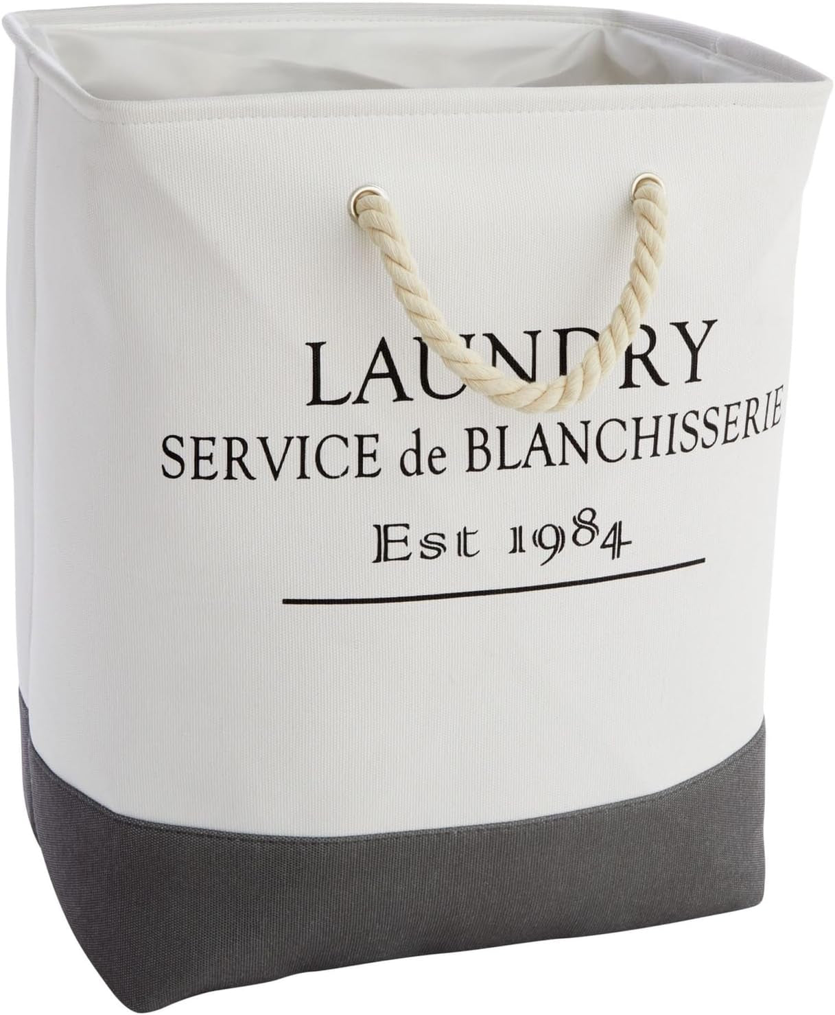Canvas French Laundry Hamper - White and Gray Square Canvas Laundry Basket with Handles for Bathroom and Bedroom - Dry Cleaning Basket for Clothes, 60L (12 X 16 X 19.2 Inches)