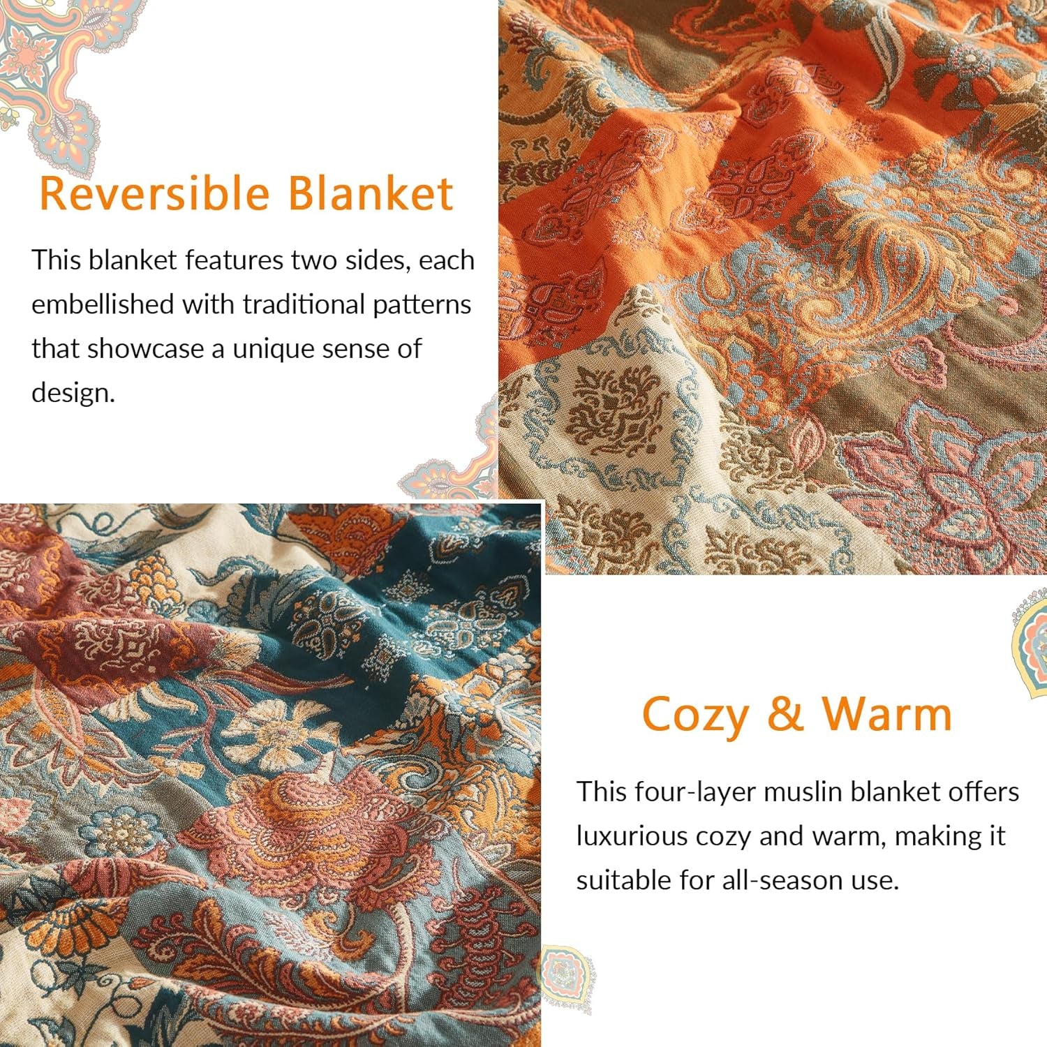 Boho Throw Blanket for Couch Sofa Bed, 100% Cotton Woven Quilt with Tassel 60”X80”, Super Soft Muslin Blanket with Floral Printed, Decorative Reversible Bed Blanket/Cover for All Seasons