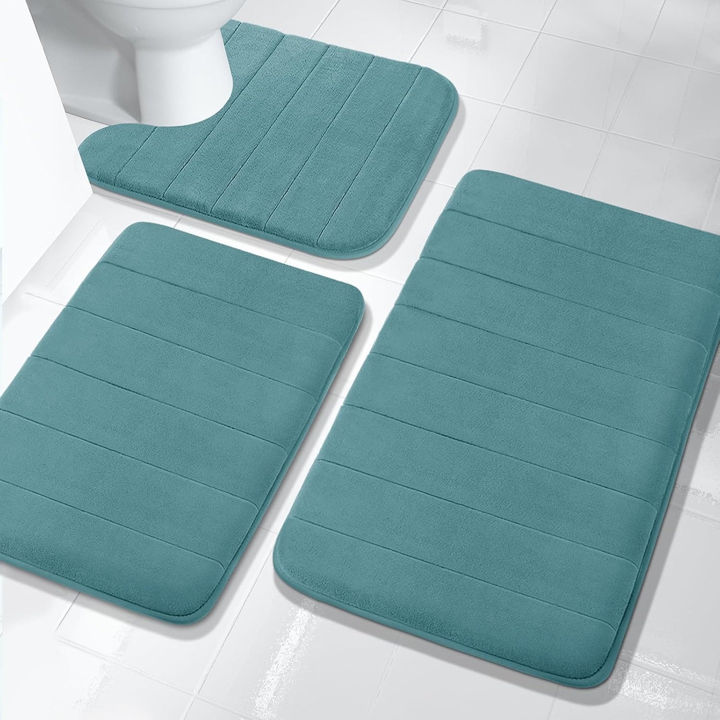 3 Pieces Memory Foam Bath Mat Set with U-Shaped Toilet Rug - Non Slip Super Soft Absorbent Quick Dry Bathroom Rugs for Bathtub, Vanity & Toilet Base, Beige
