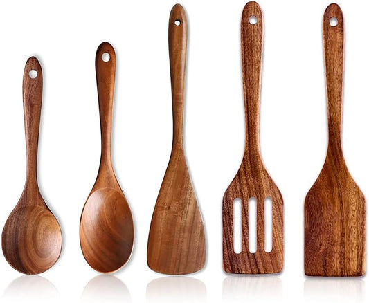 5 Pcs Best Wooden Spoons for Cooking Kitchen Utensils Set Acacia Wood Cooking Spatula Turner Non Toxic Utensil Slotted Serving Spoon Flat Spatulas Set Wooden Utensis Mixing Cooking Spoon Kitchen Tools