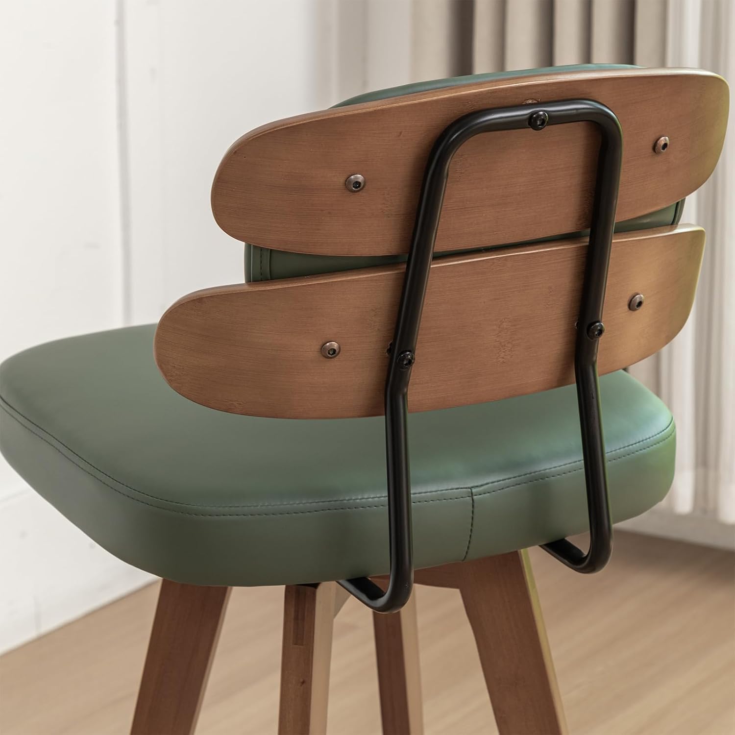 Set of 2 Counter Height Bar Stools - 26.4 Inch Swivel Stools with Walnut Craft, Faux Leather Upholstered Seat, Backs for Island/Kitchen (Walnut Green)