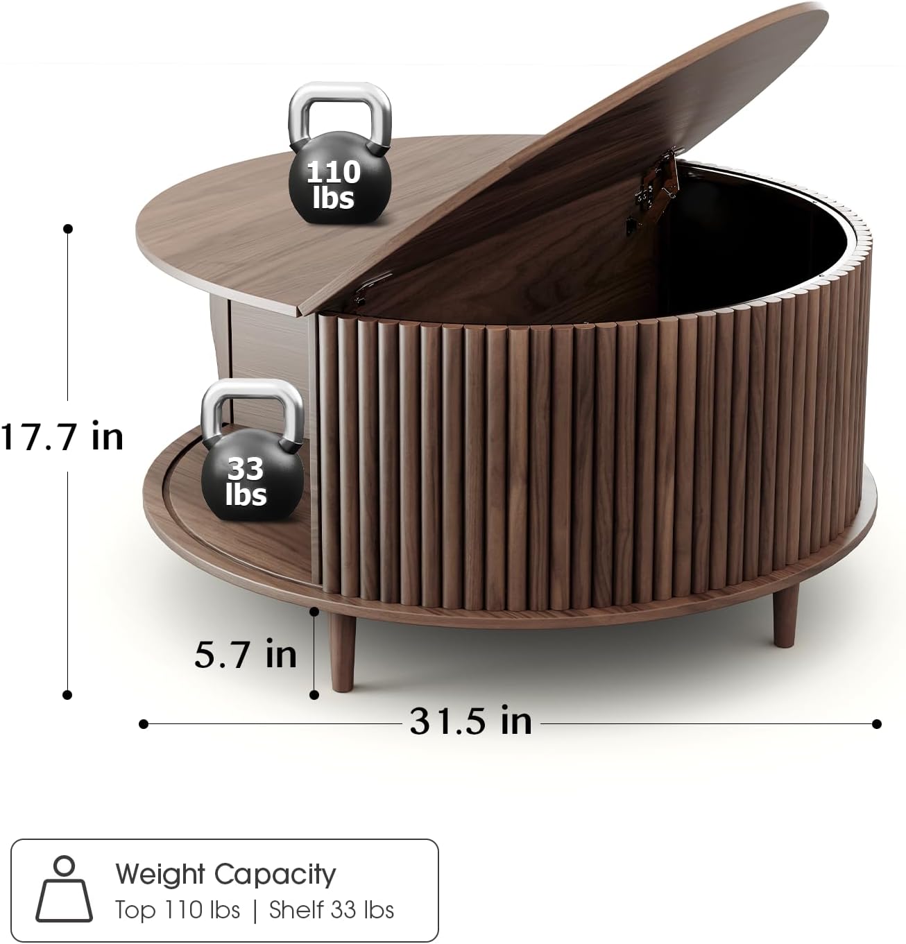 Round Coffee Table with Storage,Mid Century Modern Coffee Table with Sliding Cabinet Door for Living Room,Home Small Space,31.5" Fluted Center Table,Walnut