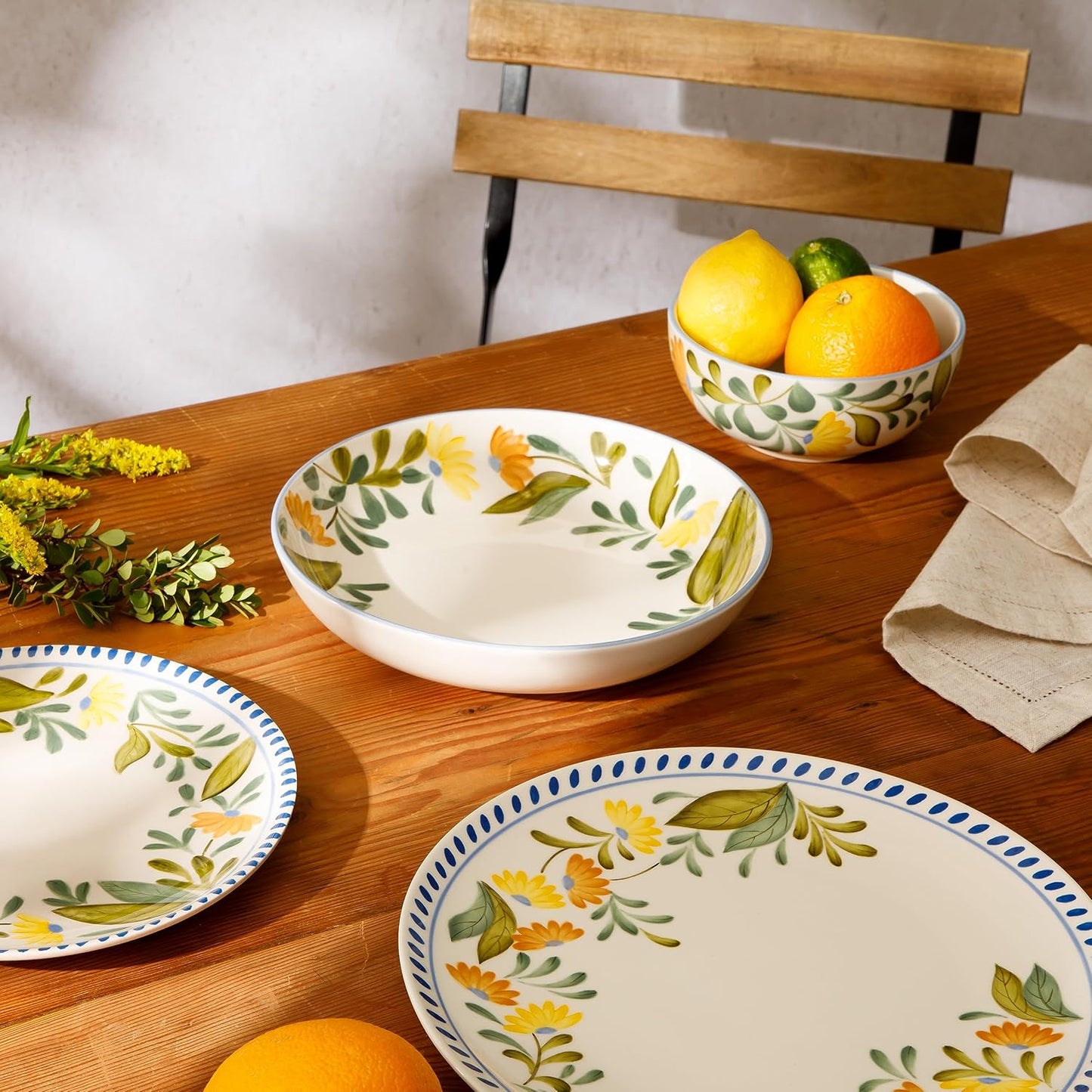 Oprah'S Favorite Things - Posy Blossom Double Bowl Hand Painted Stoneware Plates and Bowls Floral Dinnerware Set, Service for Four (16Pcs)