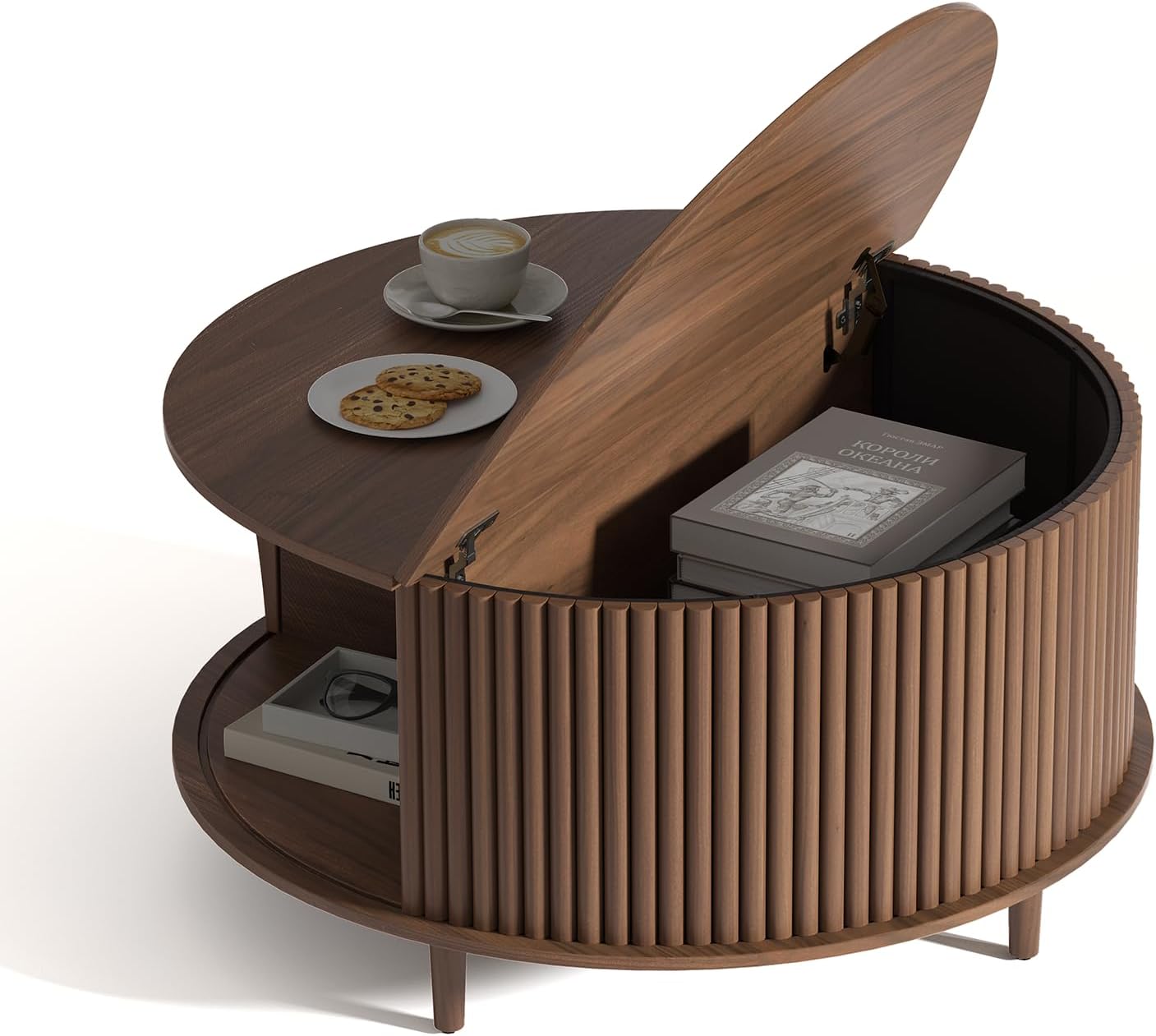 Round Coffee Table with Storage,Mid Century Modern Coffee Table with Sliding Cabinet Door for Living Room,Home Small Space,31.5" Fluted Center Table,Walnut